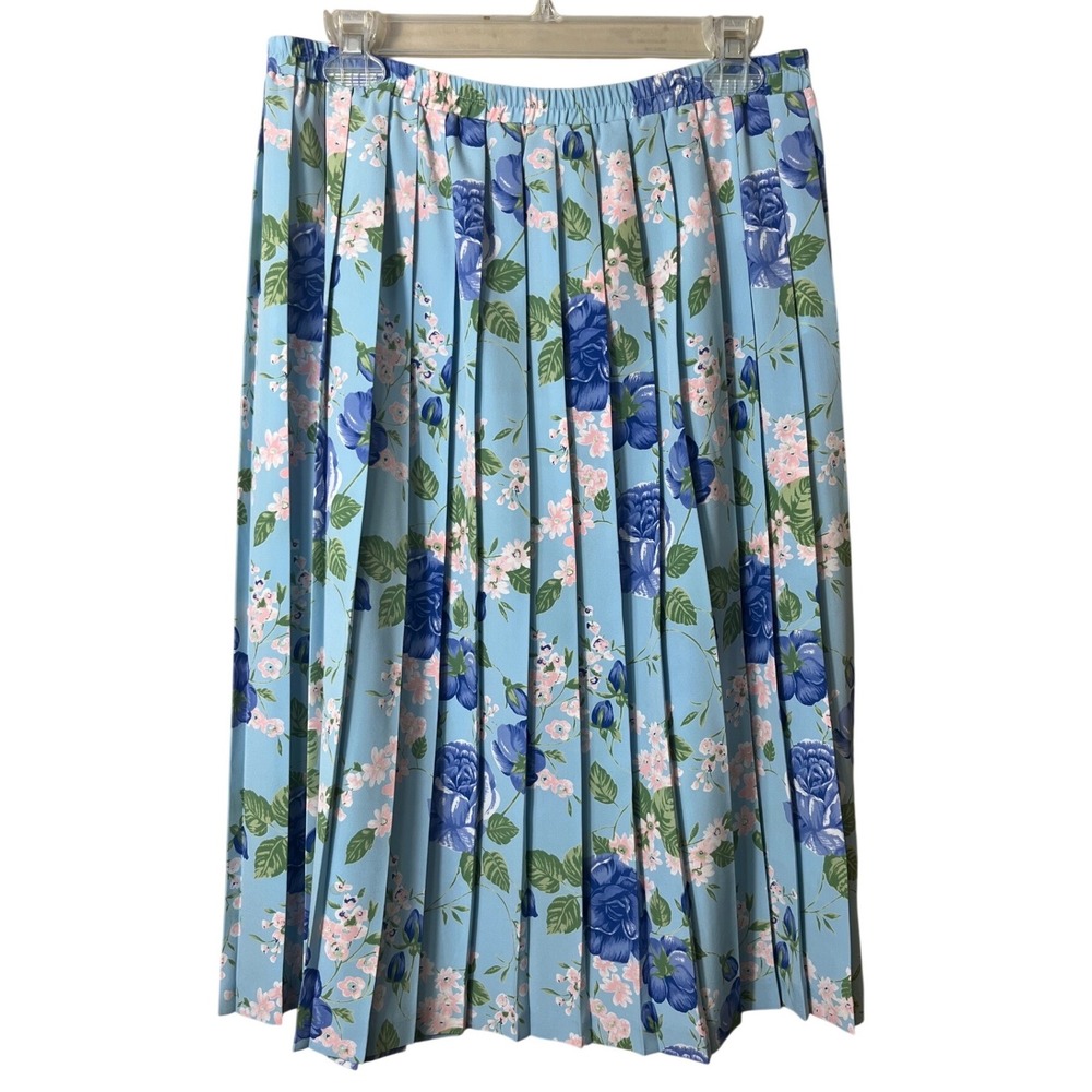 Leslie Fay Vintage Pleated Midi Skirt 12P Blue‎ Rose Floral Cottagecore Granny